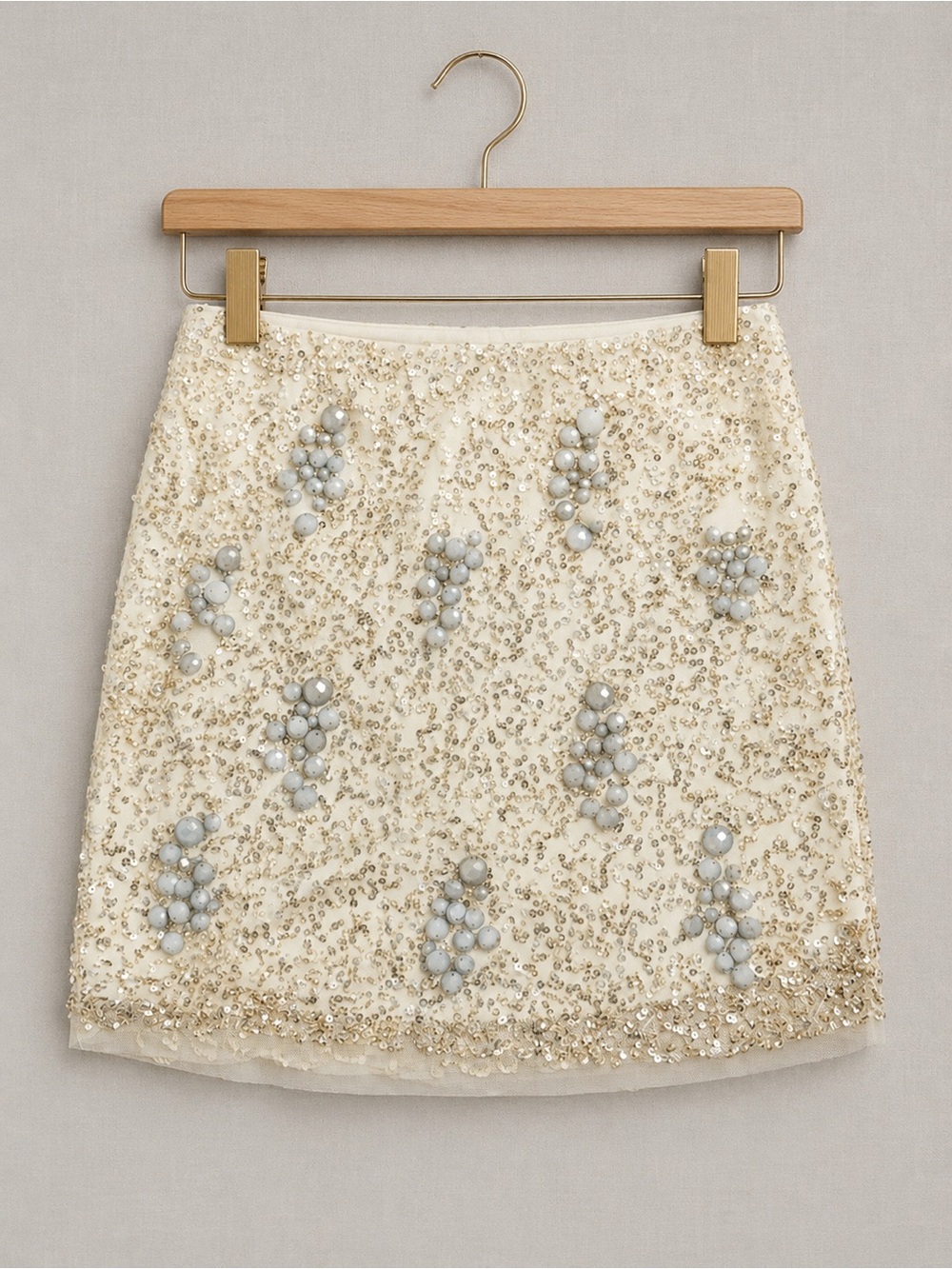 Zara Cream Mini Skirt with Gold Sequins and Pale Blue Bead Clusters